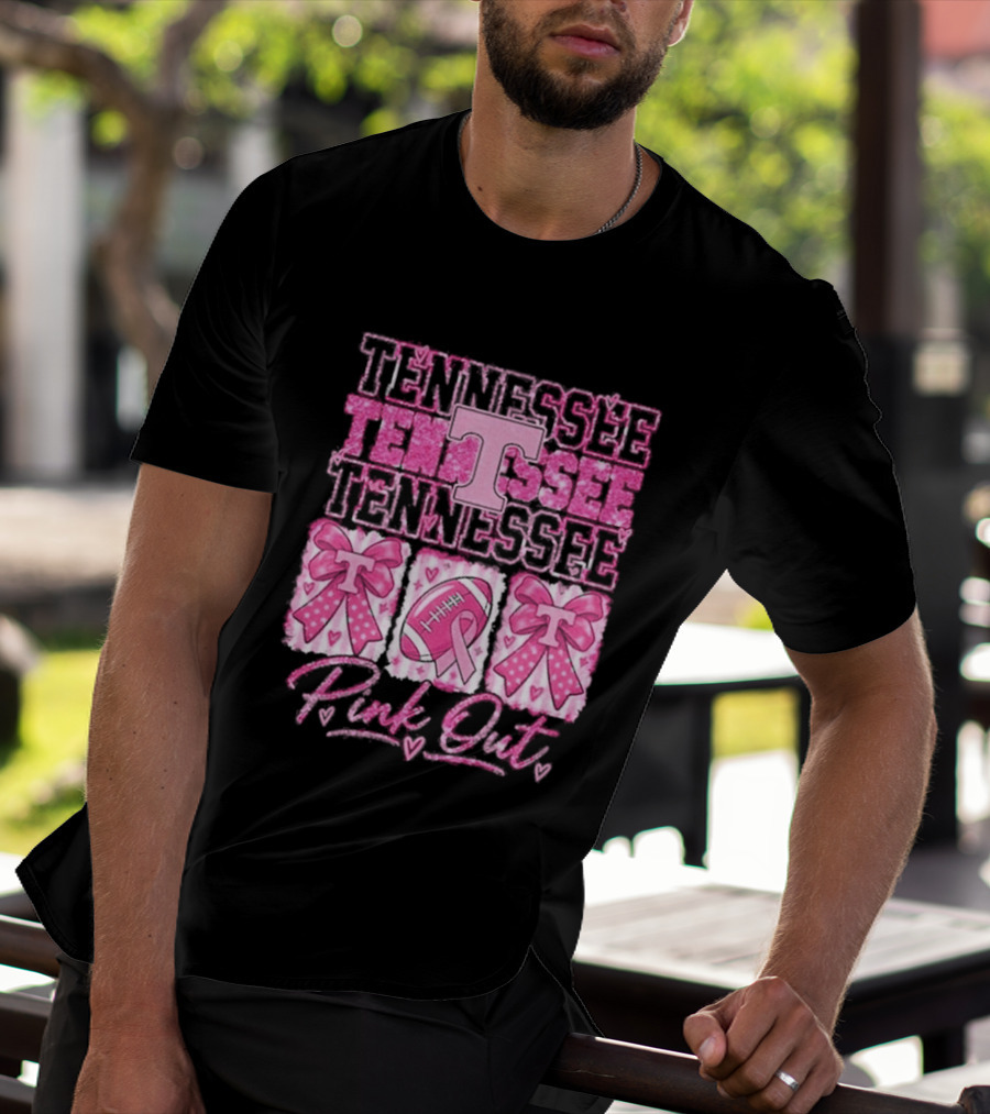 Tennessee Volunteers Pink Out Breast Cancer Awareness Game Day Football Bow Ribbons T-Shirt