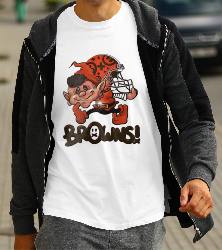 Cleveland Browns Elf Holding Football Helmet Browns T-Shirt