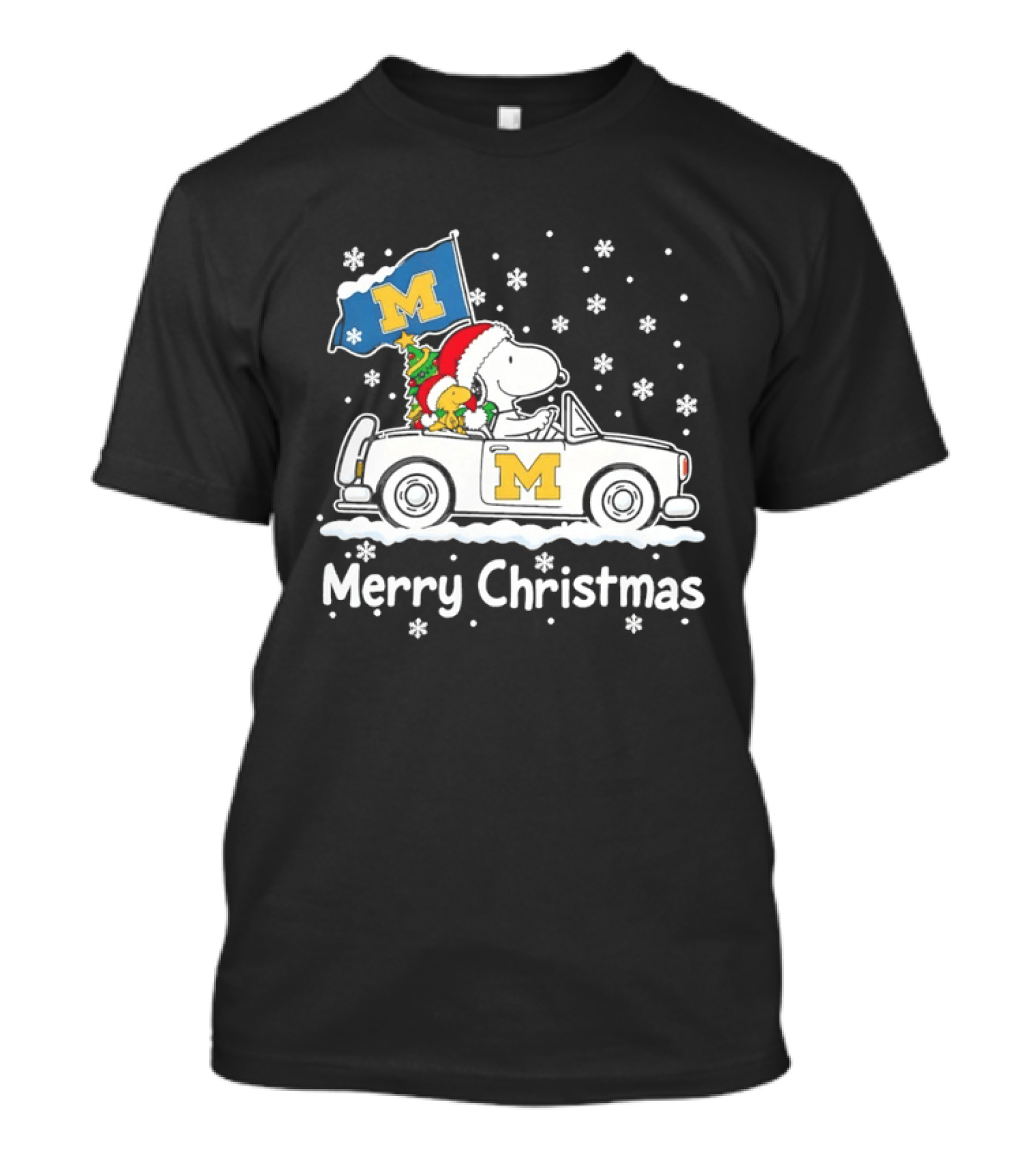 University Of Michigan Wolverines Snoopy Woodstock Christmas Car Flag Snowflakes T-Shirt