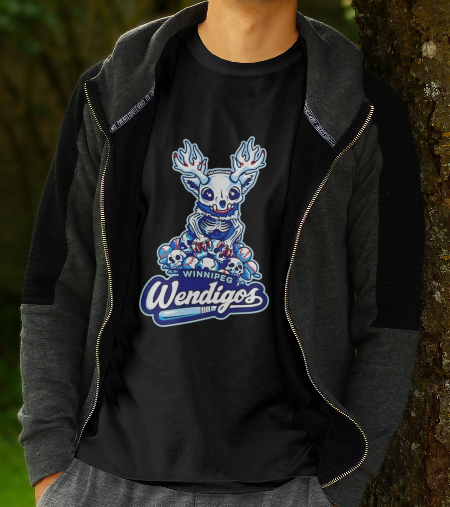 Winnipeg Wendigos Baseball Skull With Antlers And Blue Bats T-Shirt