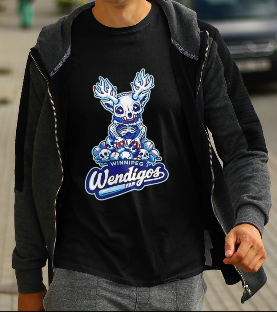 Winnipeg Wendigos Baseball Skull With Antlers And Blue Bats T-Shirt
