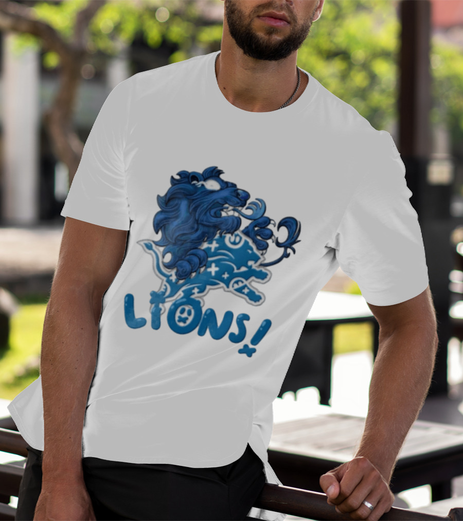 Detroit Lions Blue Lion Roaring Mascot With Playful Lettering T-Shirt