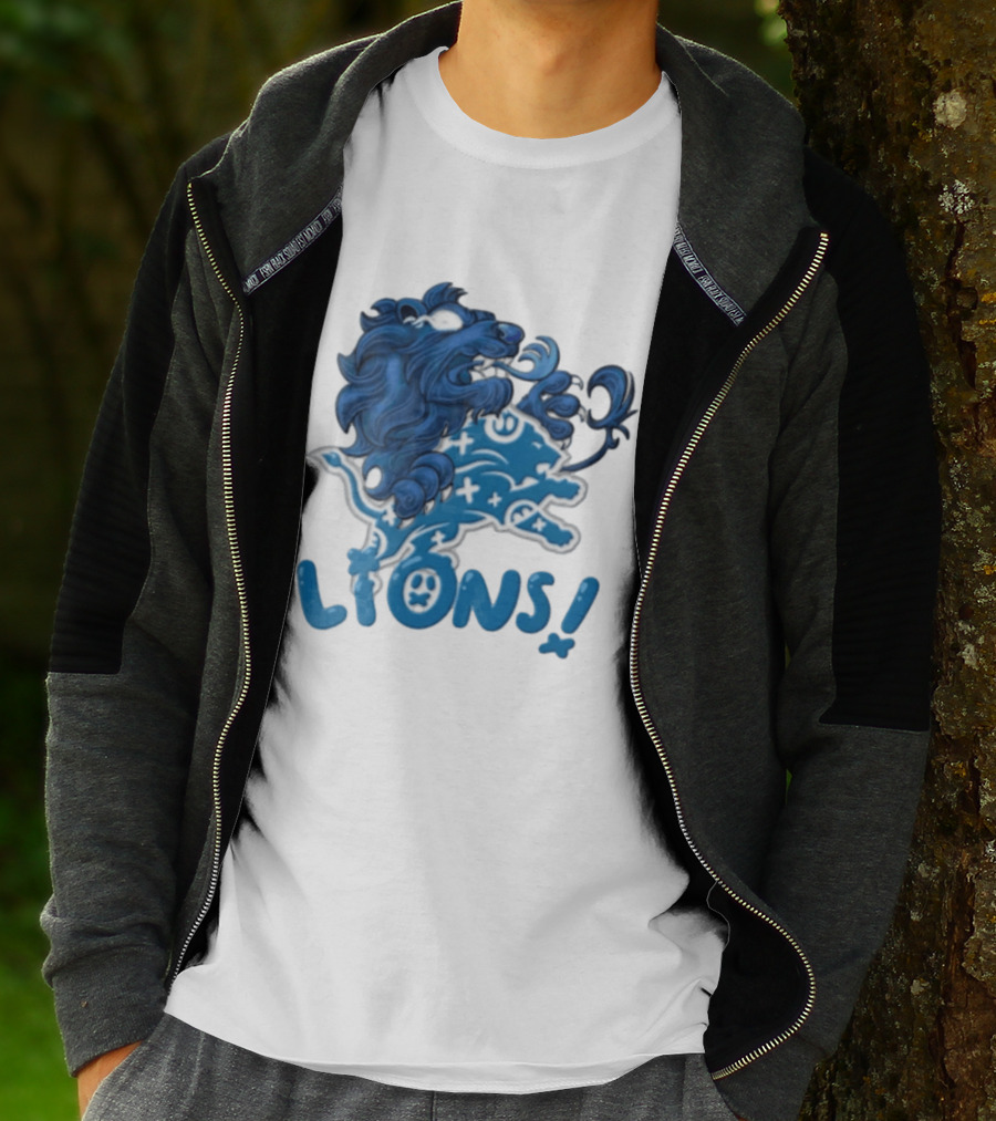 Detroit Lions Blue Lion Roaring Mascot With Playful Lettering T-Shirt