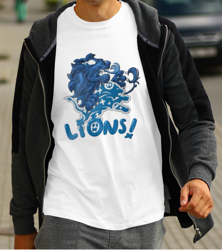Detroit Lions Blue Lion Roaring Mascot With Playful Lettering T-Shirt
