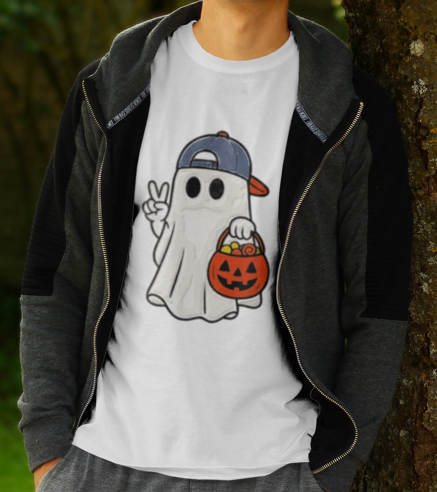 Ghost In Cap With Peace Sign Holding Pumpkin Bucket Halloween T-Shirt
