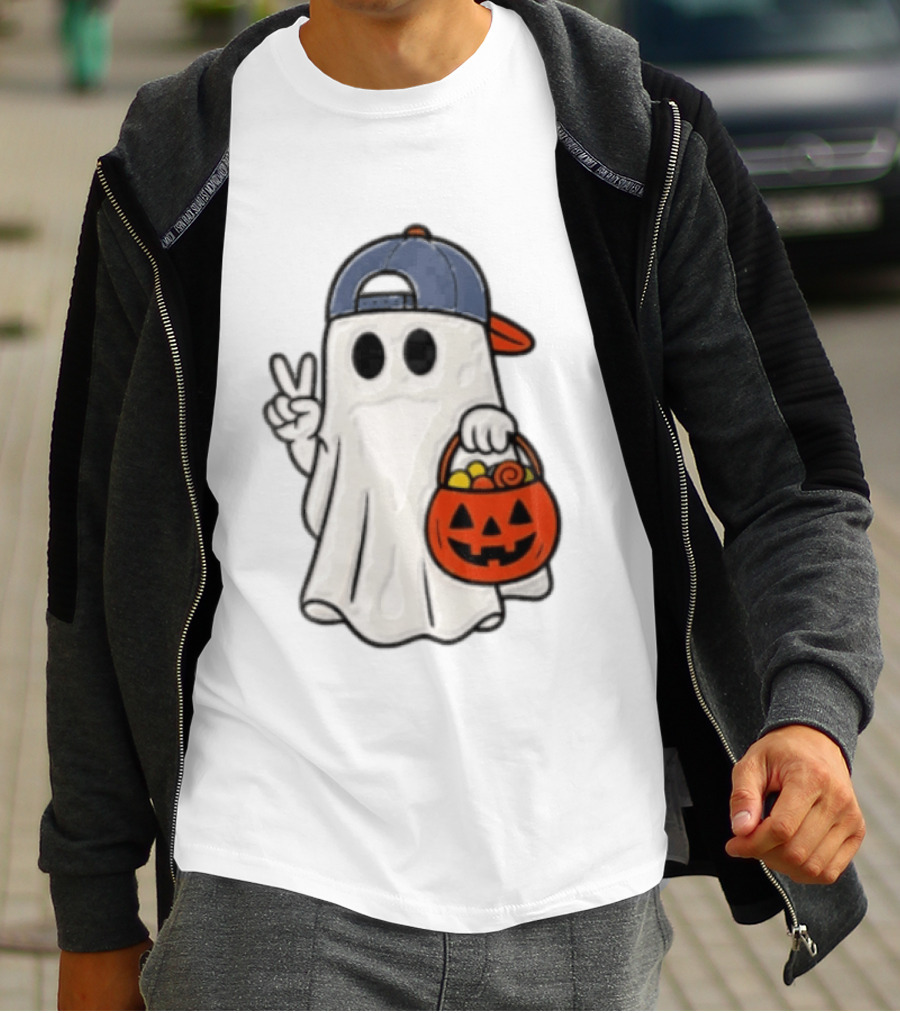 Ghost In Cap With Peace Sign Holding Pumpkin Bucket Halloween T-Shirt