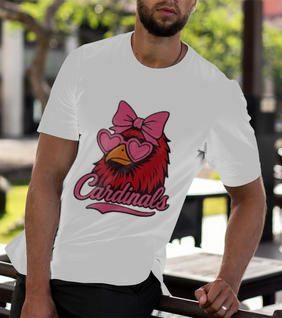St Louis Cardinals Red Bird Pink Bow Heart Glasses T-Shirt