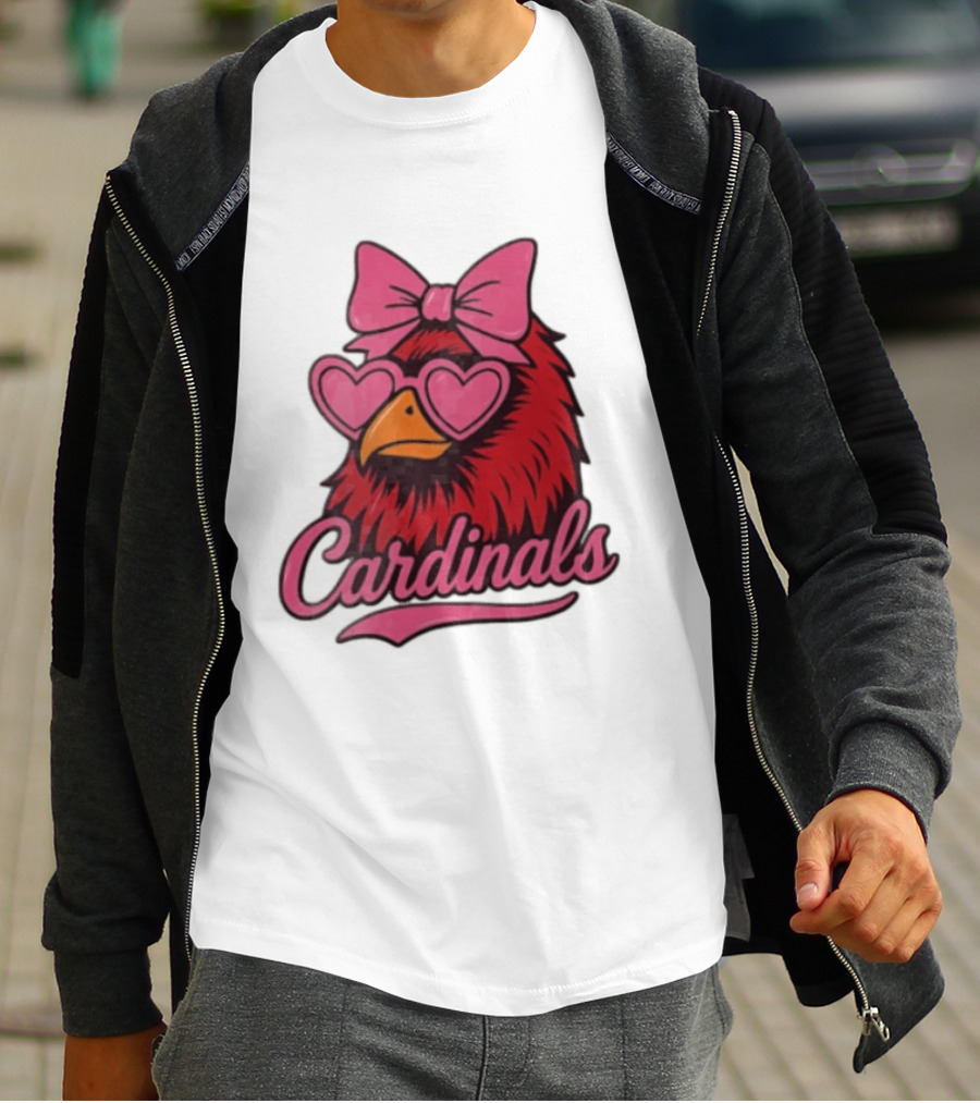 St Louis Cardinals Red Bird Pink Bow Heart Glasses T-Shirt