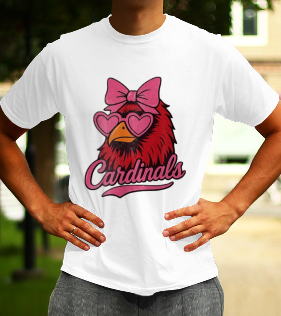 St Louis Cardinals Red Bird Pink Bow Heart Glasses T-Shirt