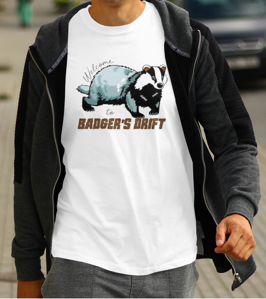 Welcome To Badger's Drift Cartoon Badger Walking Black And White Fur T-Shirt