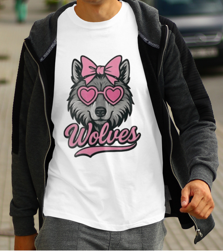 Wolves Wolf Pink Heart Glasses Bow T-Shirt