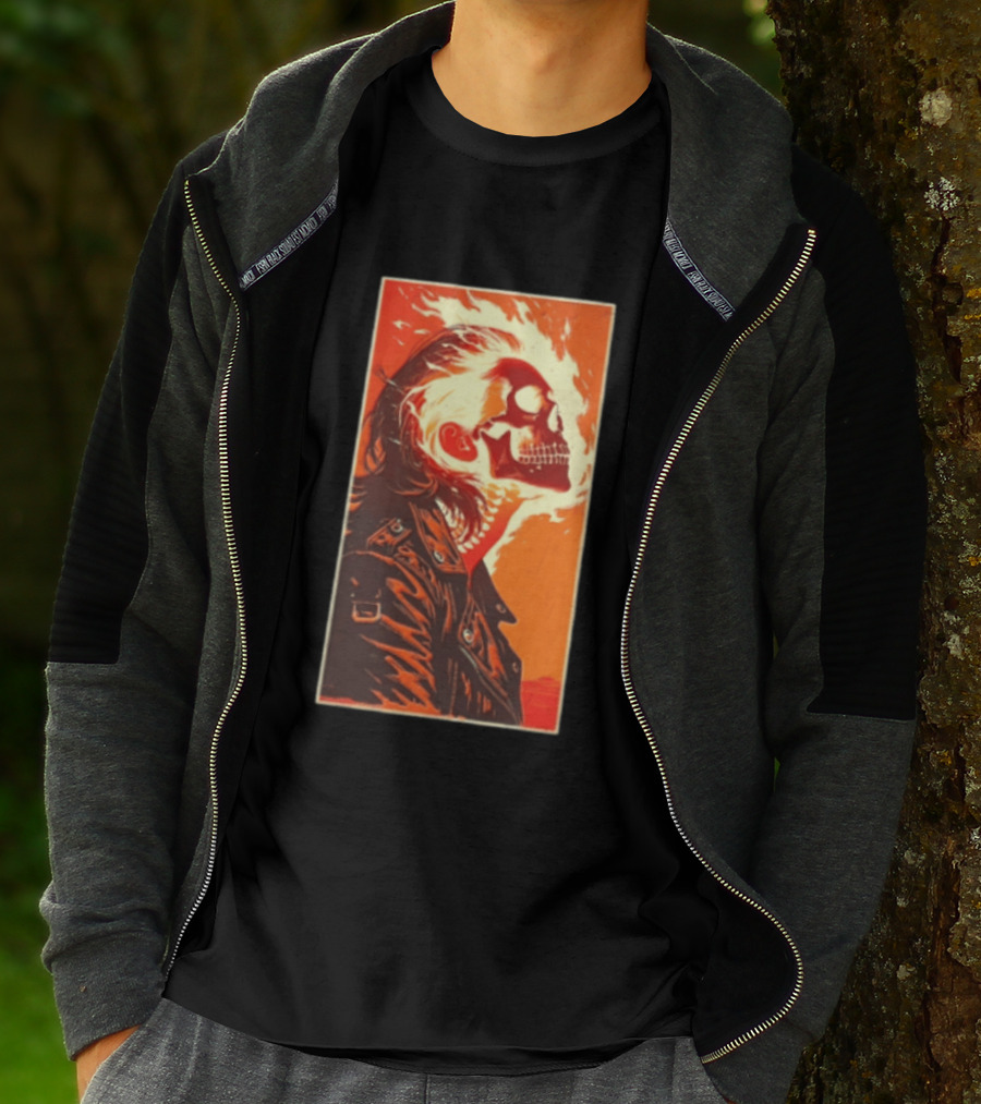 Burnout Flaming Skull Leather Jacket Man Fiery T-Shirt