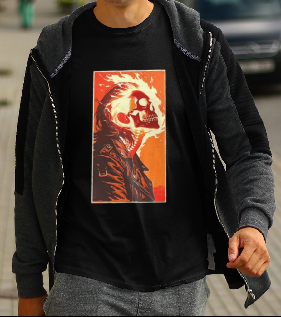Burnout Flaming Skull Leather Jacket Man Fiery T-Shirt