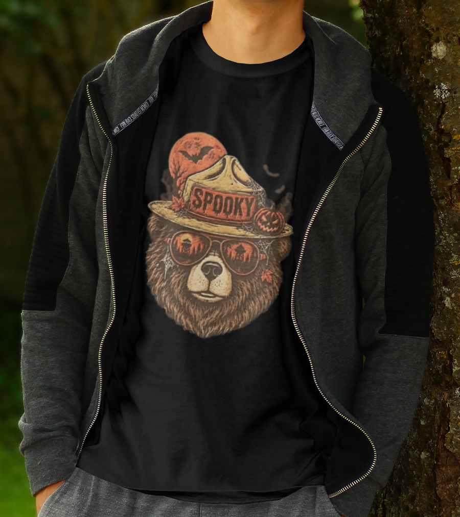 Smokey Bear Spooky Halloween Fire Lookout Forest Ranger Pumpkin Bats T-Shirt