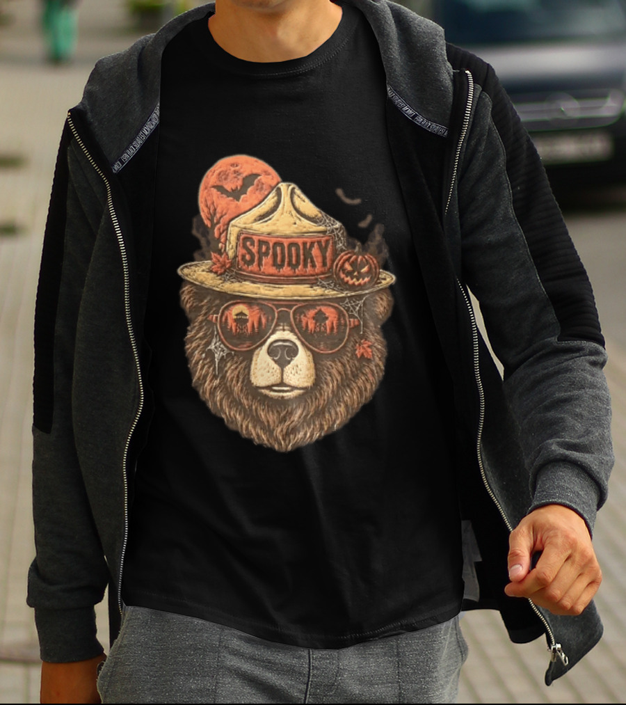 Smokey Bear Spooky Halloween Fire Lookout Forest Ranger Pumpkin Bats T-Shirt