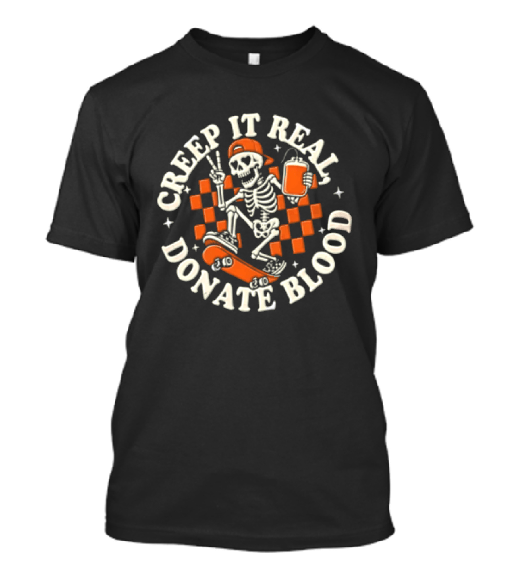 Creep It Real Donate Blood Skeleton Skateboarder Peace Sign Blood Bag T-Shirt