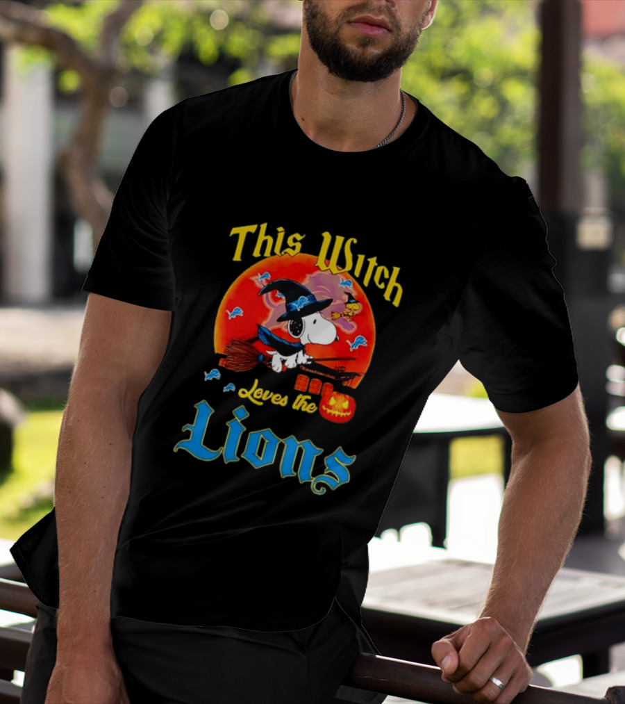 Snoopy This Witch Loves The Lions Halloween Pumpkin Broom Peanuts T-Shirt
