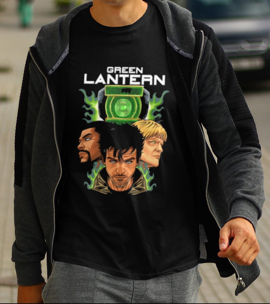 Green Lantern Glowing Eyes With Symbol Featuring Three Characters T-Shirt