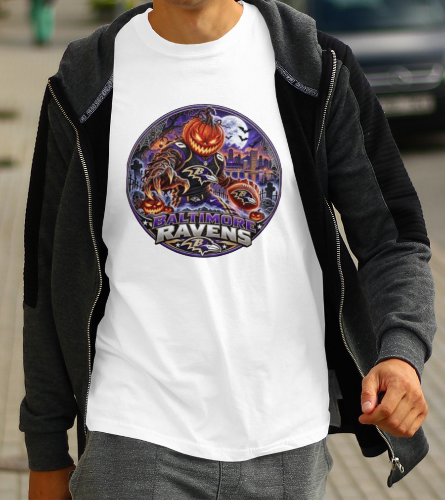 Baltimore Ravens Jack O' Lantern Halloween Football Spooky Night Ravens Stadium Skyline T-Shirt