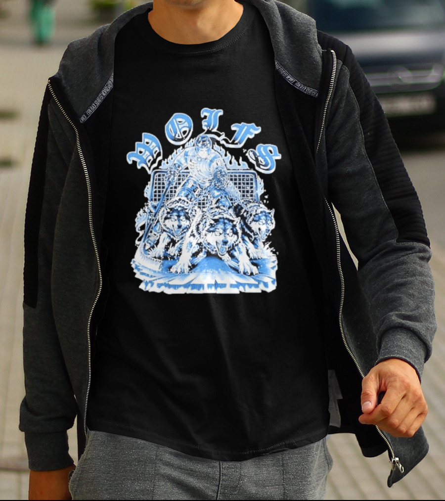 Motifs Wolf Hockey Skeleton Goalie With Three Wolves T-Shirt