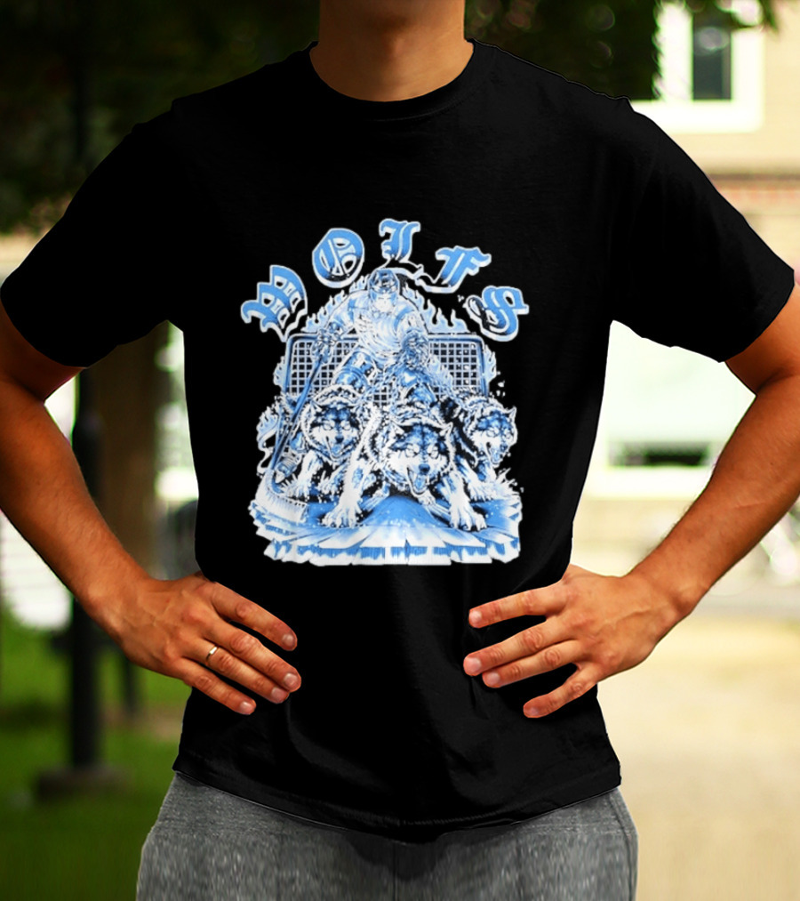 Motifs Wolf Hockey Skeleton Goalie With Three Wolves T-Shirt