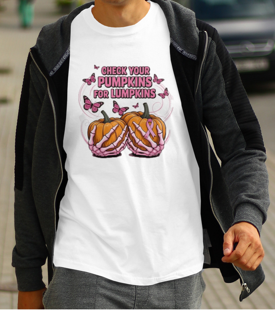 Check Your Pumpkins For Lumpkins Pink Skeleton Hands Butterflies Breast Cancer Awareness T-Shirt