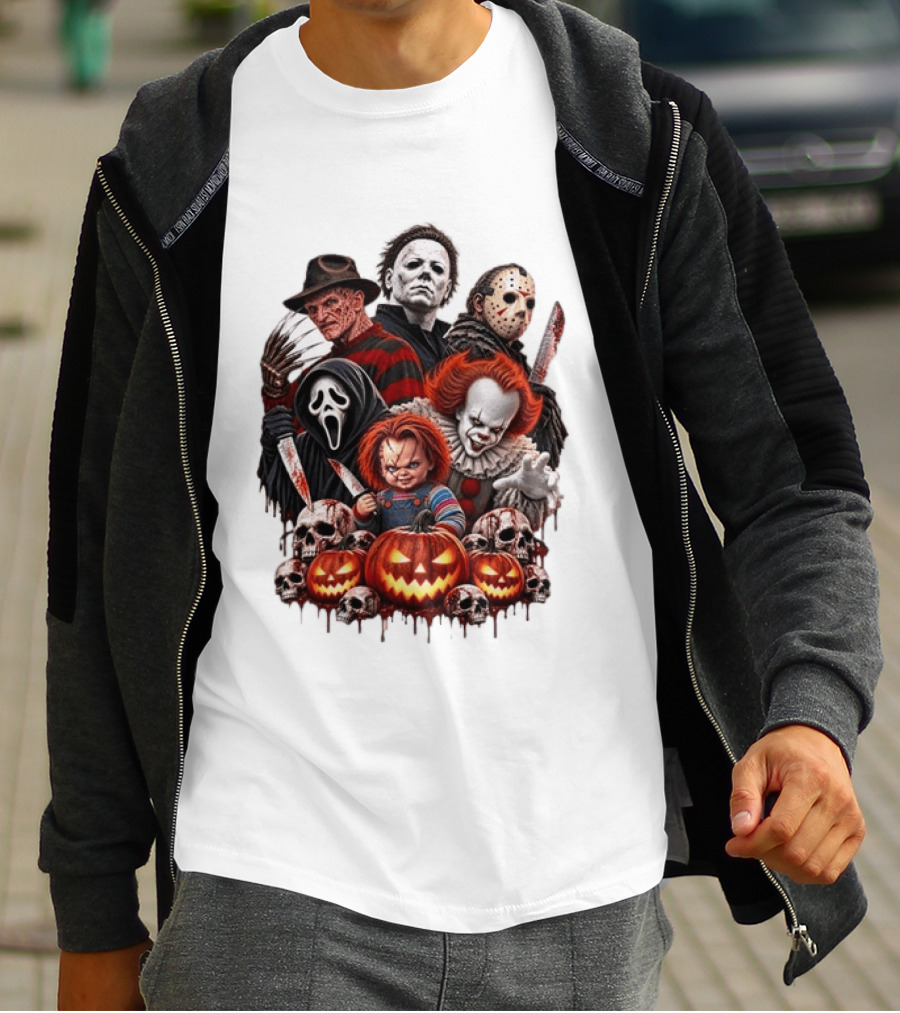 Freddy Krueger Michael Myers Jason Voorhees Ghostface Pennywise Chucky Horror Characters With Skull And Pumpkin Display T-Shirt