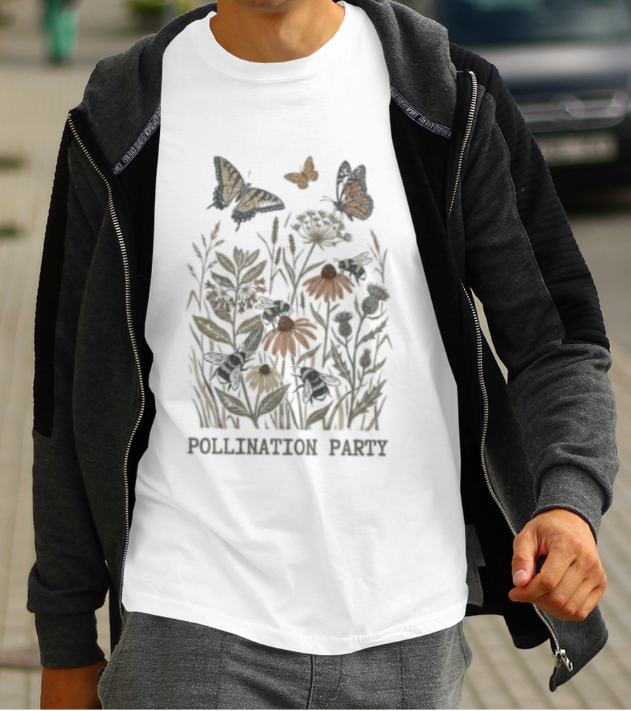 Pollination Party Butterflies And Bees In Nature Garden T-Shirt