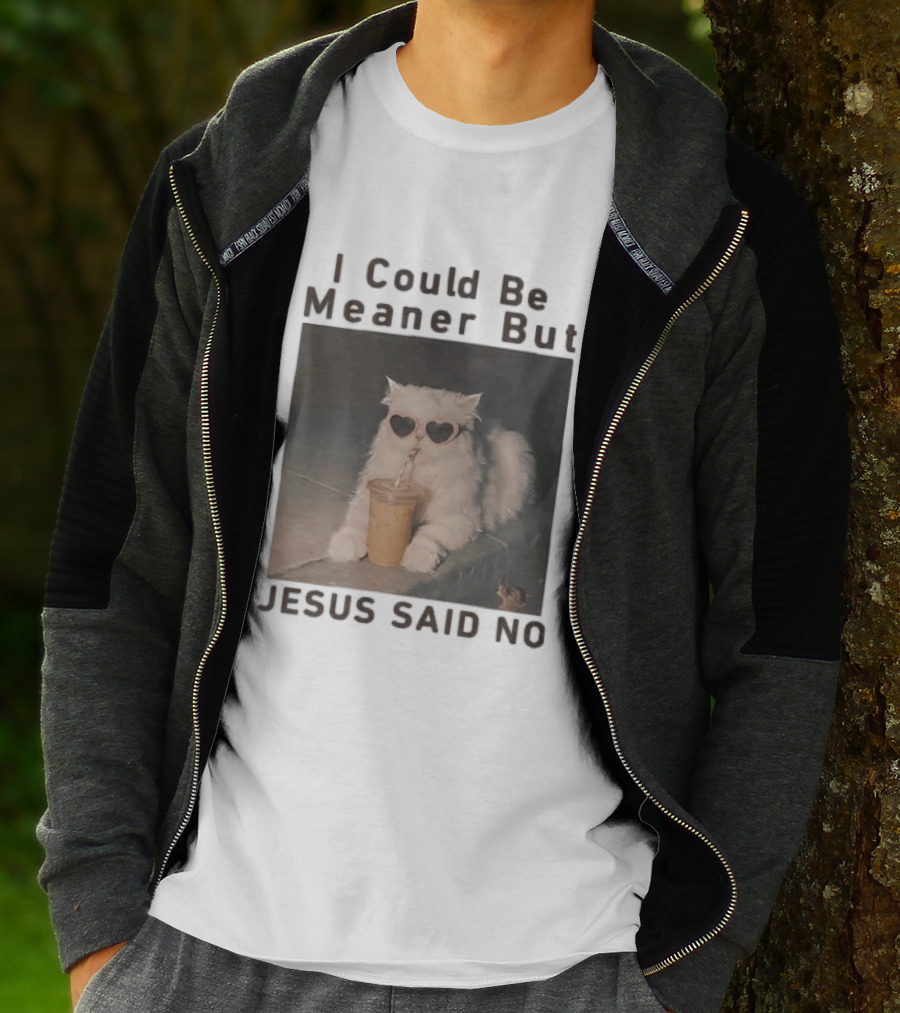 I Could Be Meaner But Jesus Said No White Cat Pink Heart Sunglasses T-Shirt