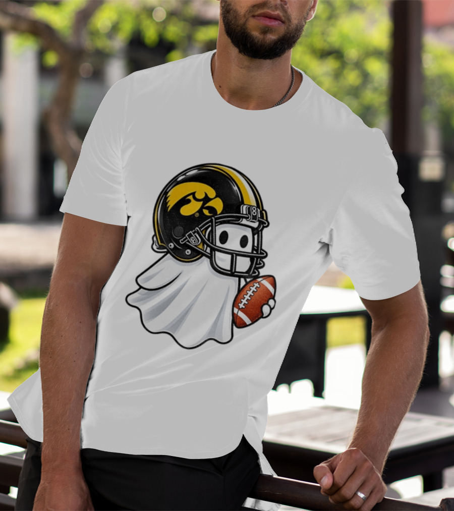Iowa Hawkeyes Football Ghost Halloween Holding Football T-Shirt