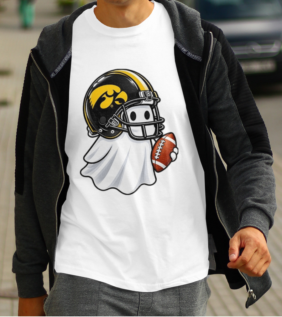 Iowa Hawkeyes Football Ghost Halloween Holding Football T-Shirt