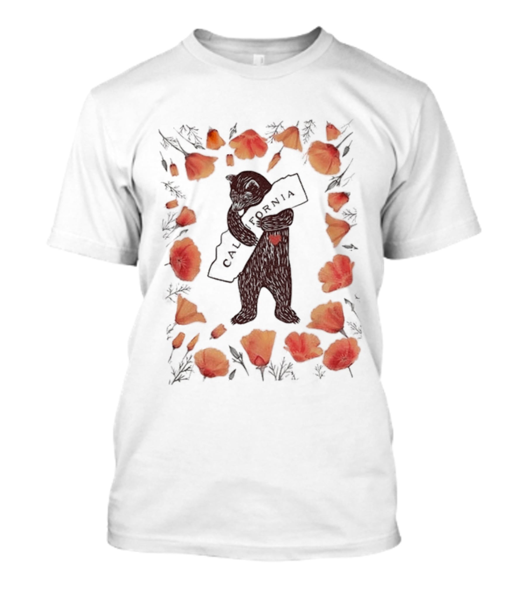 California Bear Hug With State Map And Poppies T-Shirt