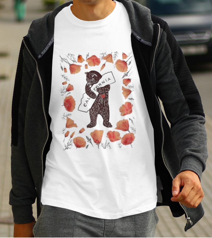 California Bear Hug With State Map And Poppies T-Shirt