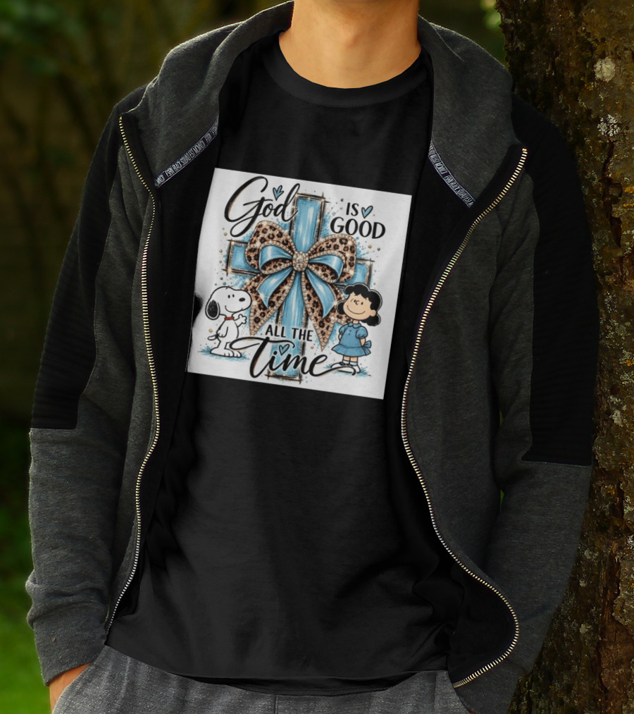 Snoopy And Lucy God Is Good All The Time Blue Cross And Leopard Bow T-Shirt