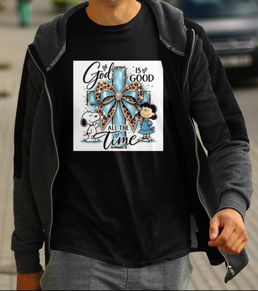 Snoopy And Lucy God Is Good All The Time Blue Cross And Leopard Bow T-Shirt