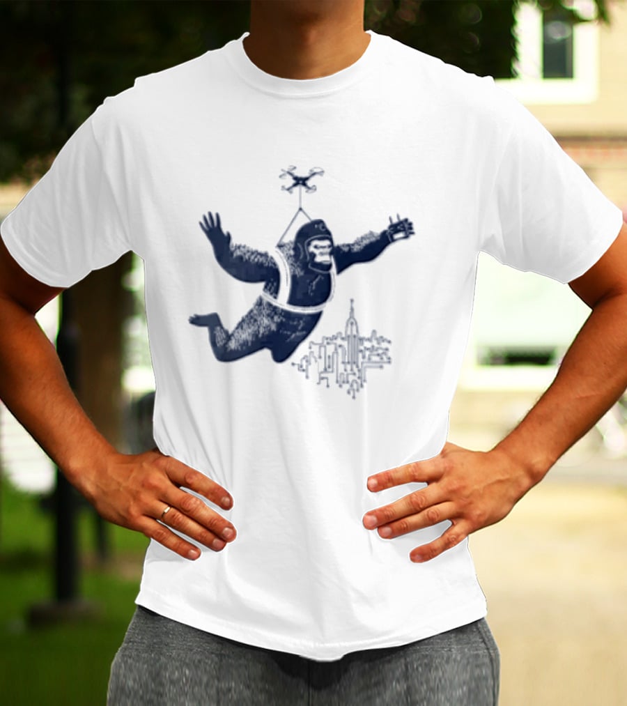 Gorilla Parachuting With Drone Over City Skyline T-Shirt