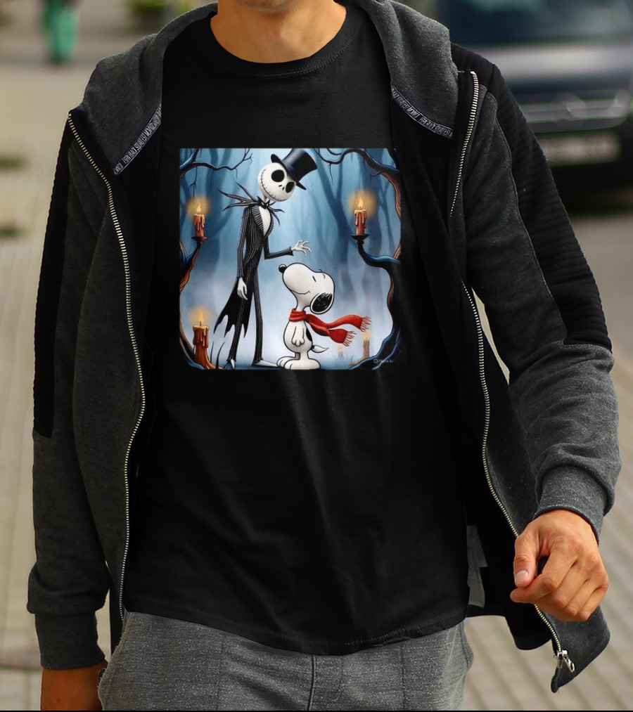 The Nightmare Before Christmas Jack Skellington And Snoopy Candles In Haunted Forest T-Shirt