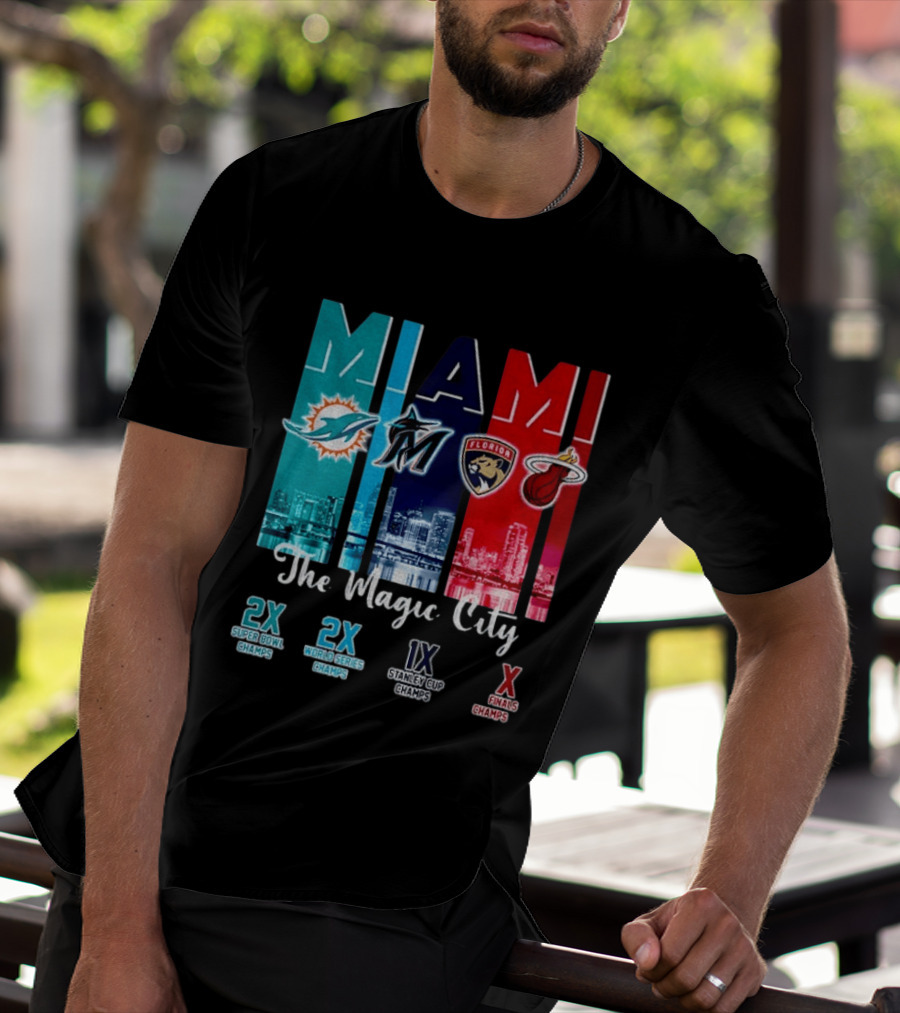 MIAMI The Magic City Dolphins Marlins Panthers Heat Champs T-Shirt