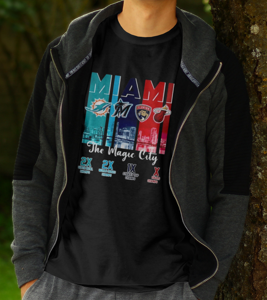 MIAMI The Magic City Dolphins Marlins Panthers Heat Champs T-Shirt