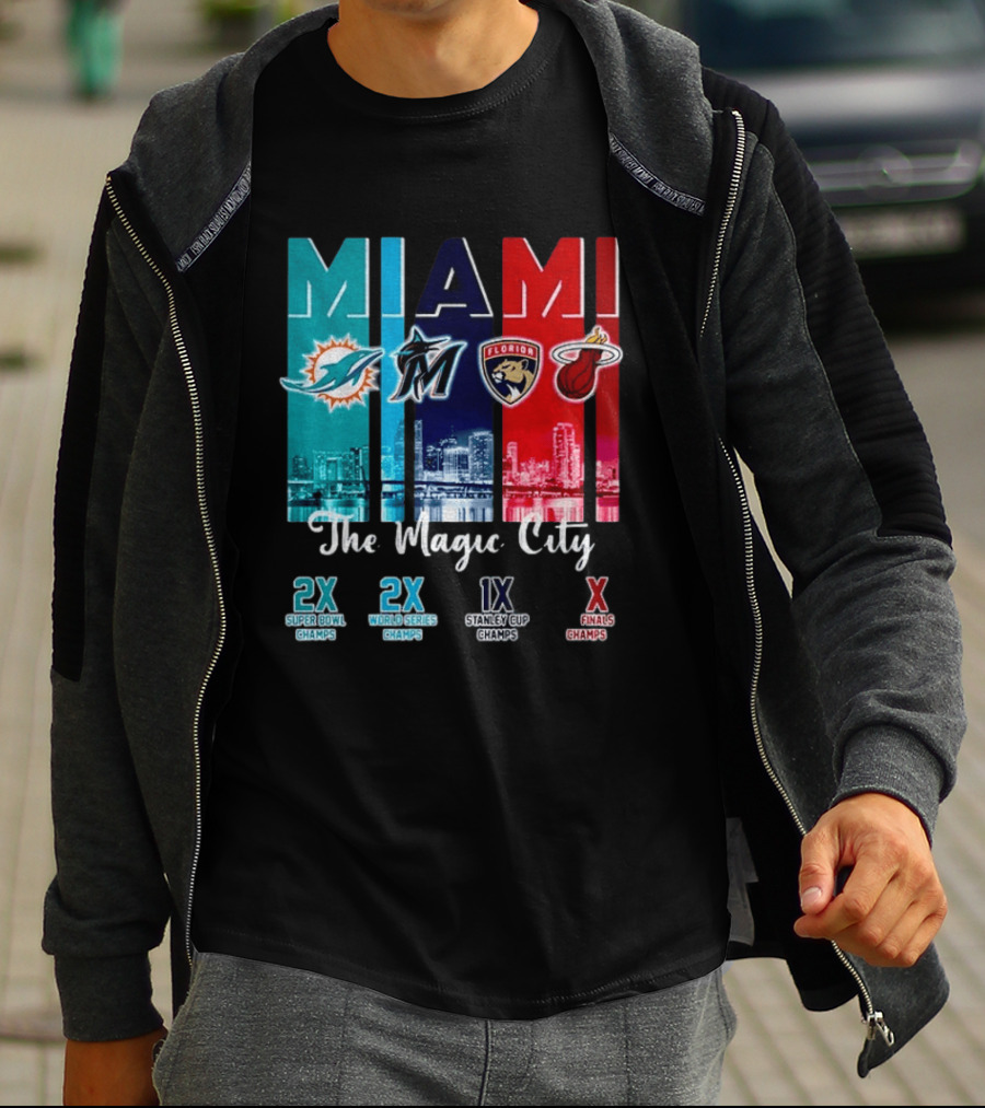 MIAMI The Magic City Dolphins Marlins Panthers Heat Champs T-Shirt