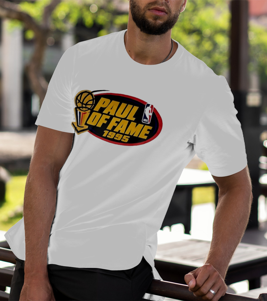 NBA Paul Of Fame 1995 Golden Basketball Trophy Red Oval Frame T-Shirt
