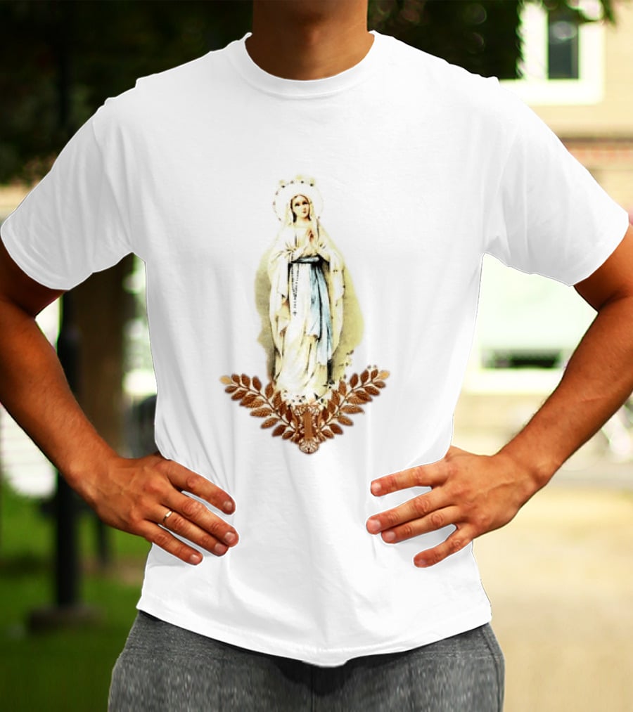 Virgin Mary Rosary Prayer Gold Leaves T-Shirt