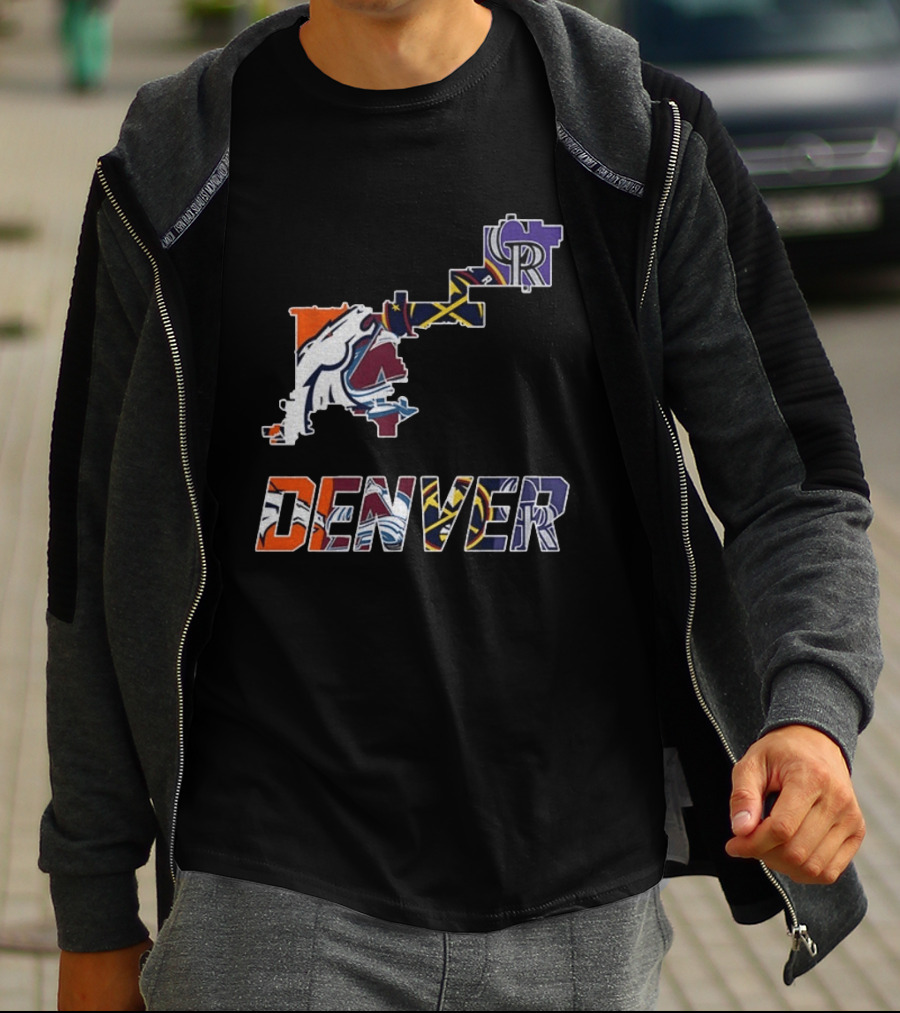 Denver Broncos Nuggets Avalanche Rockies Team Map T-Shirt