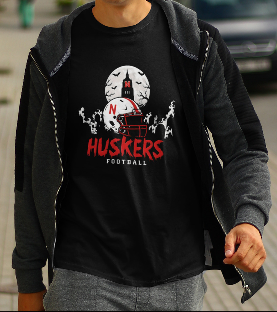 Nebraska Huskers Football Halloween Spooky Helmet Bats Moon 2026 T-Shirt