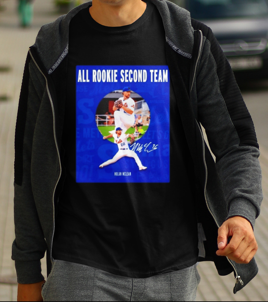 Nolan McLean No 22 Mets All Rookie Second Team Signature Pitching Action T-Shirt