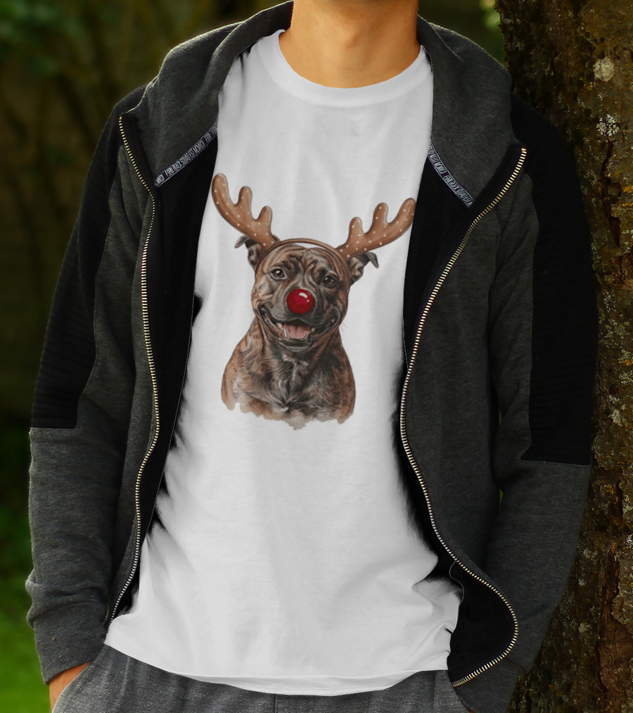 Brindle Pit Bull With Reindeer Antlers And Red Nose T-Shirt
