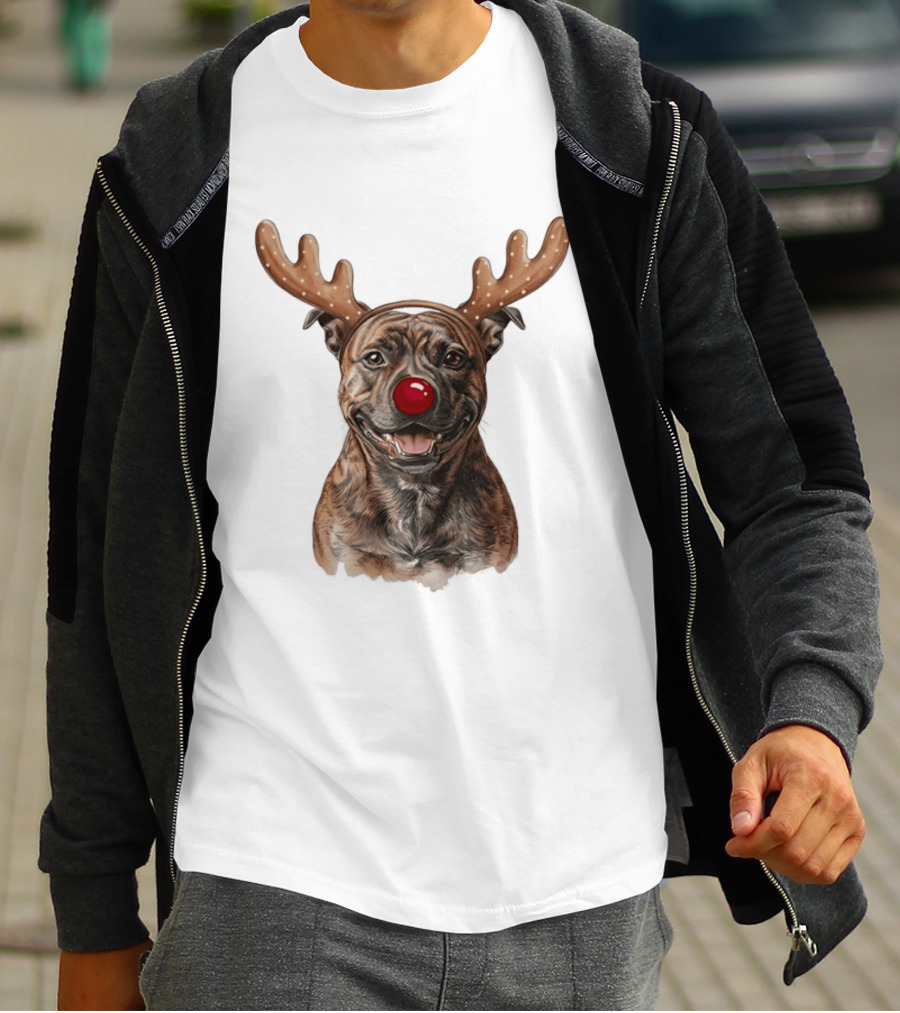 Brindle Pit Bull With Reindeer Antlers And Red Nose T-Shirt