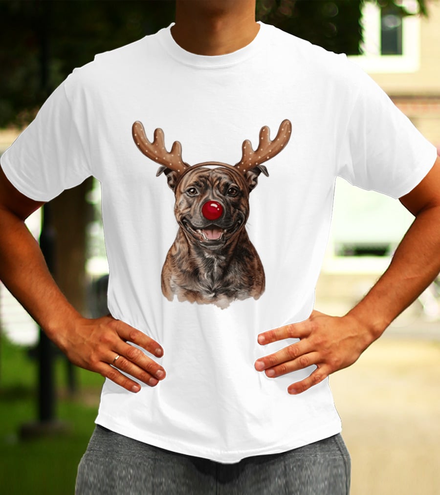 Brindle Pit Bull With Reindeer Antlers And Red Nose T-Shirt