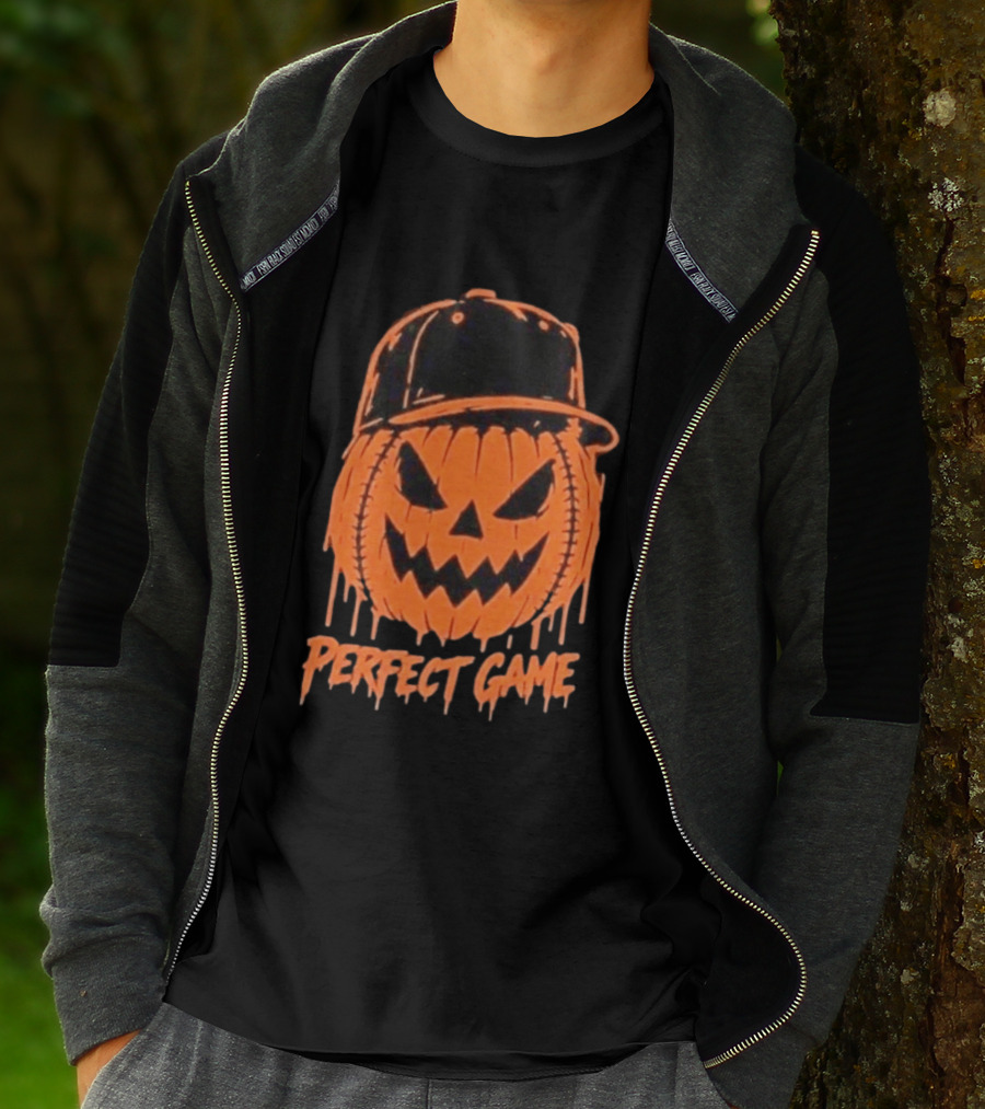 Perfect Game Halloween Pumpkin Baseball Hat Creepy Face T-Shirt
