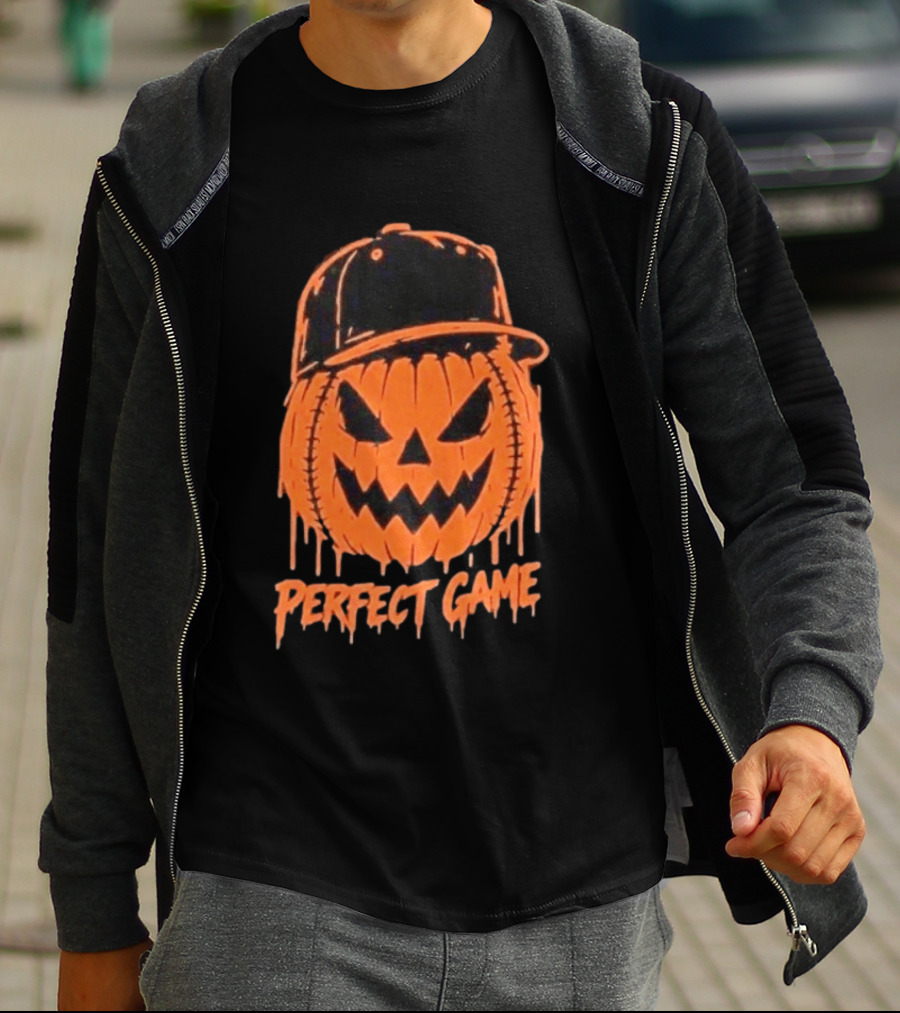 Perfect Game Halloween Pumpkin Baseball Hat Creepy Face T-Shirt